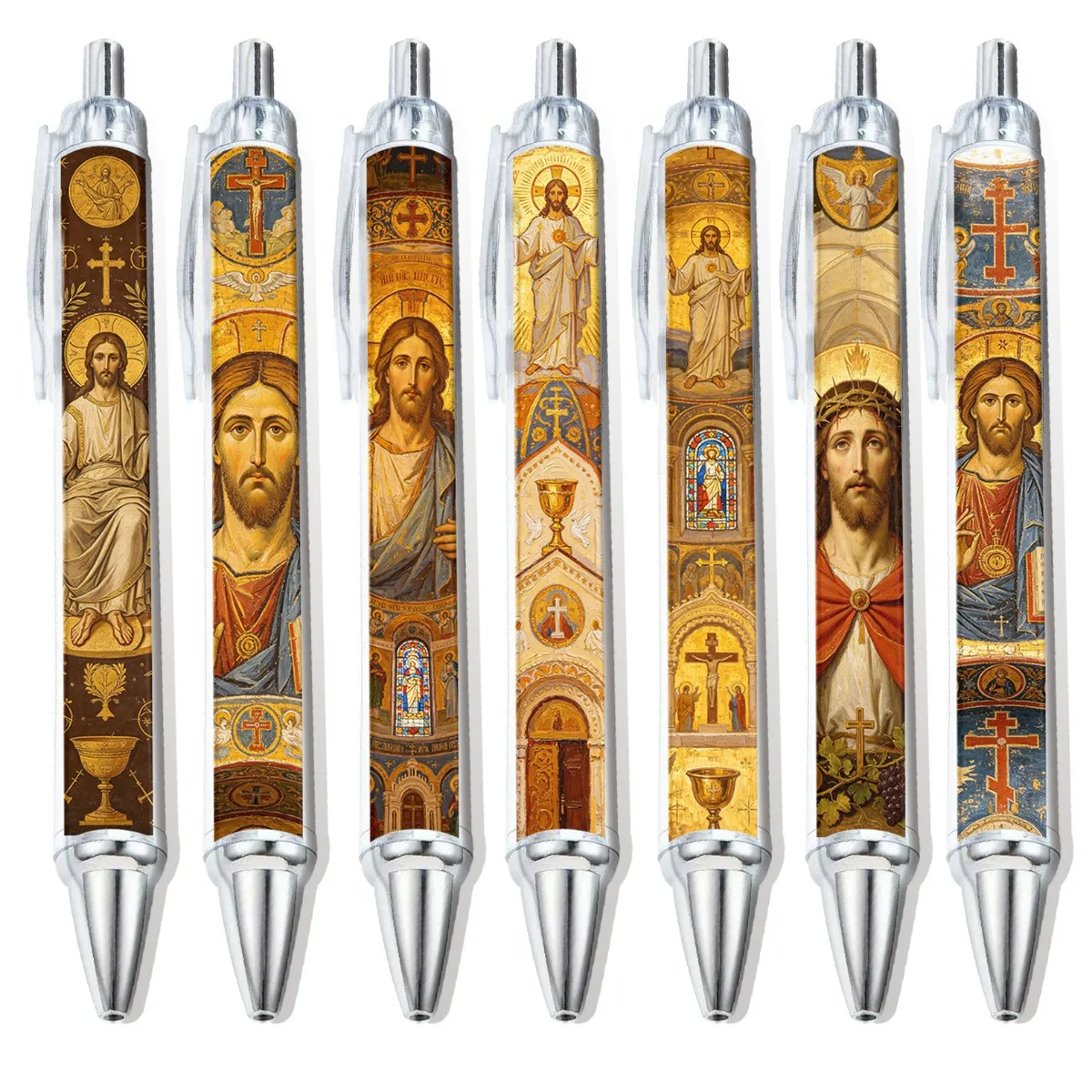 7PCS Christian round Ballpoint Pen Set with Vintage Jesus Image Religious Writing Pens for Office Supplies Black Ink Easter Gift