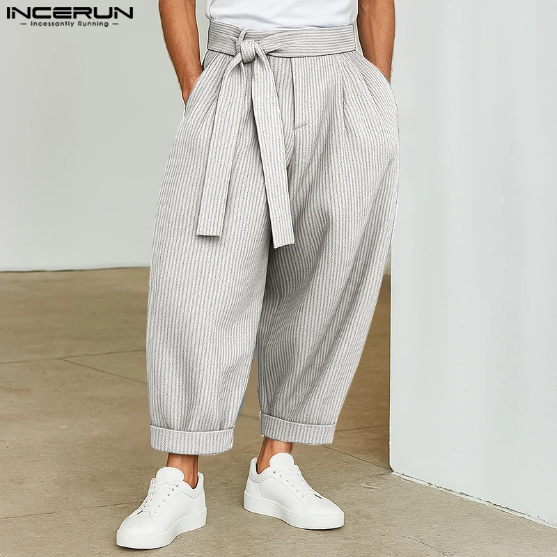 

INCERUN Men Pants Striped Lace Up Oversize Joggers Casual Trousers Men Streetwear 2025 Pocekts Fashion Leisure Male Long Pants