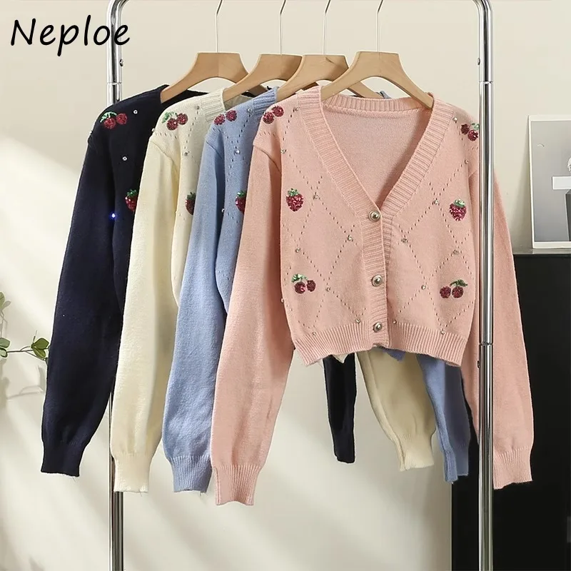 Neploe Korean Sweet Cherry Pink Sweaters Mujer Autumn New V-neck Knitted Cardigan Y2k Fashion Long Sleeve Cardigans Women