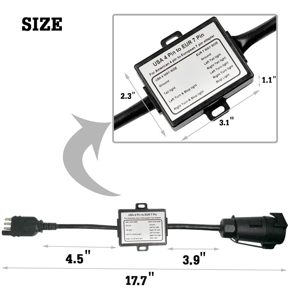 US to Europe Trailer Light Converter 4 Way Flat Socket (American Vehicle) to 7 Way Round Socket (European Trailer)