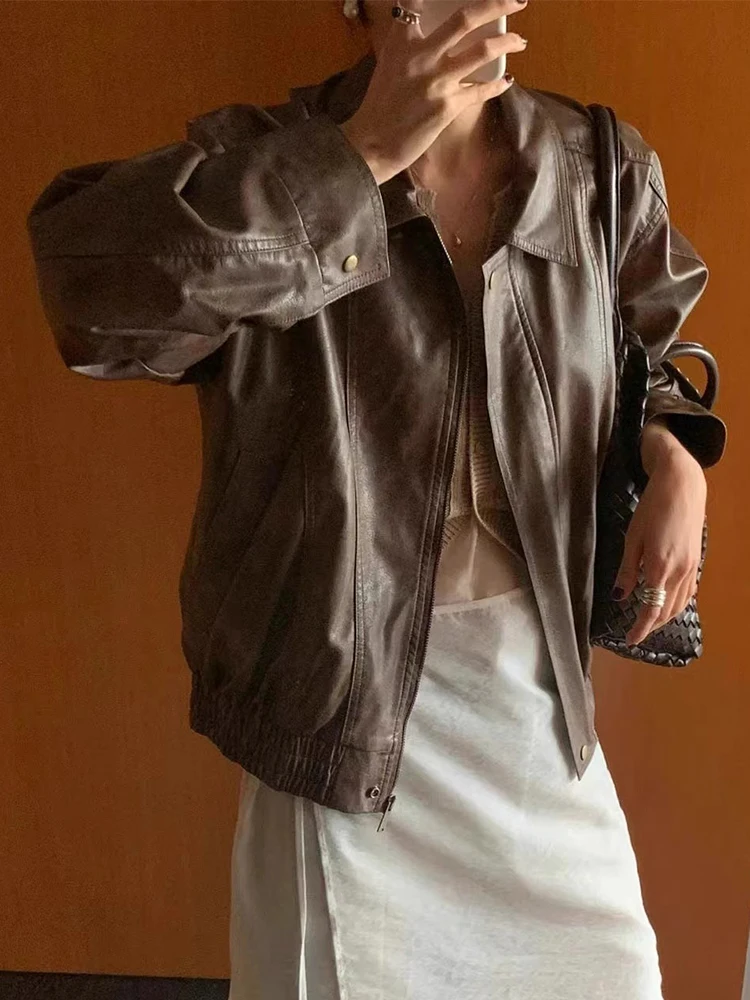 جاكيت نسائي من الجلد الصناعي بتصميم عتيق أنيق، فضفاض مع ياقة، ملابس خارجية قصيرة بأكمام طويلة وإغلاق بسحاب