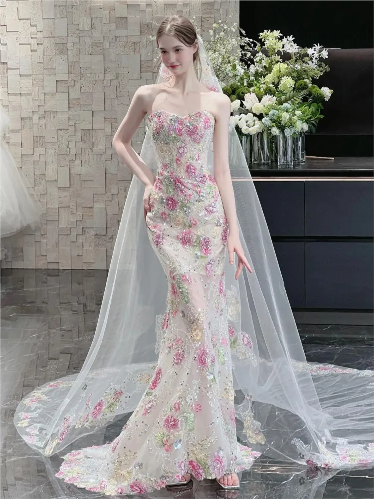

Fish-tail strapless morning gown bride's toasting dress banquet light luxury heavy industry flower-shaped engagement evening