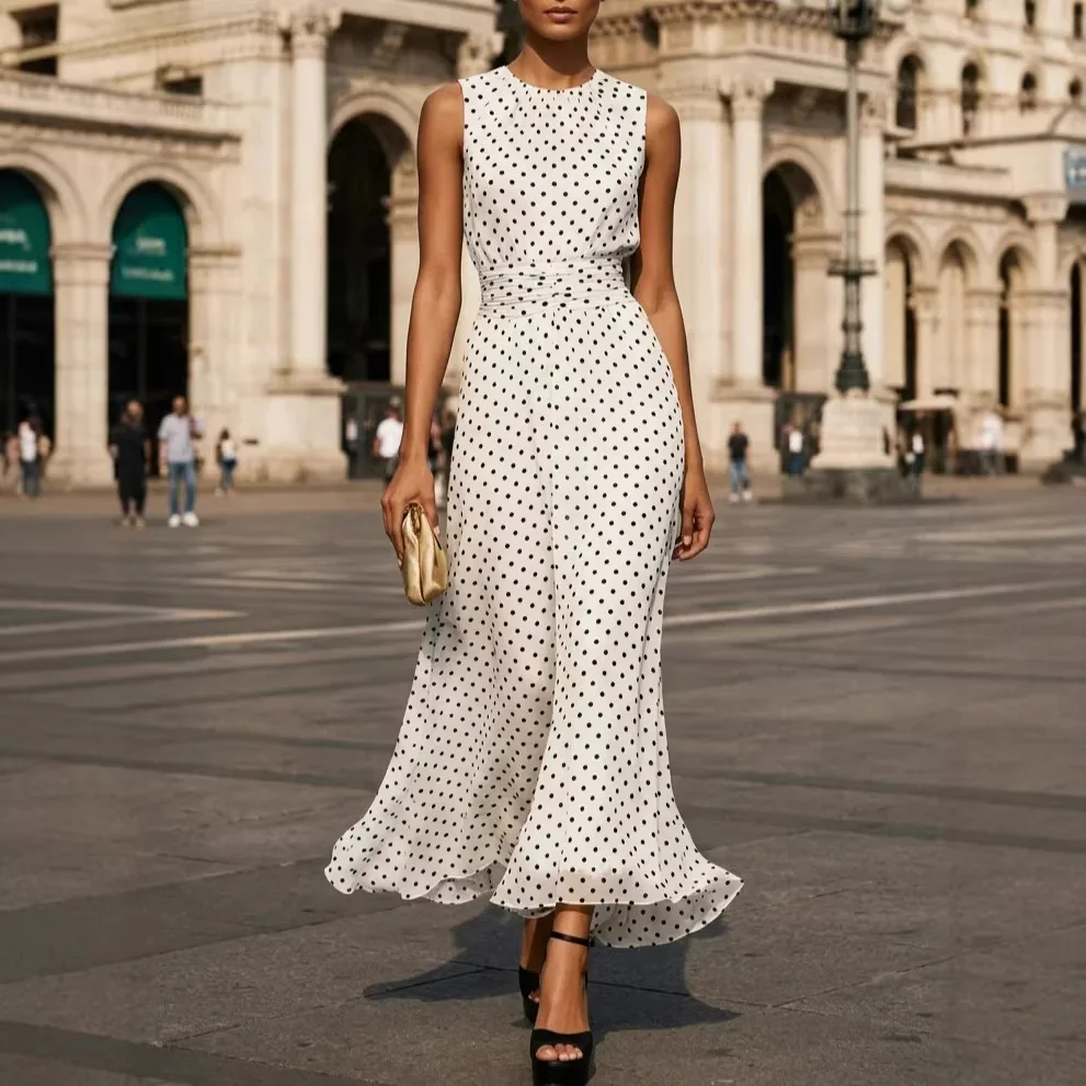 Sleeveless Dot Pattern Ruffle Hem Chiffon Midi Dress Ladies Casual Beach Holiday Elegant Semi Formal Occasion Dress