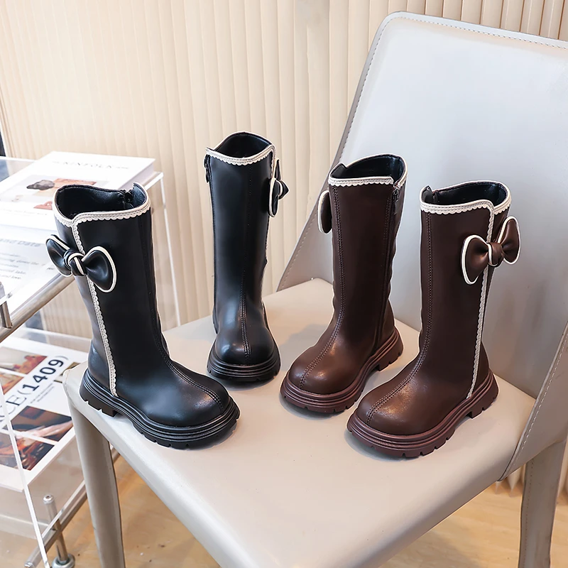 

2025 Новая модная школьная обувь для девочек, осенние детские кожаные ботинки принцессы с милым бантом, простые праздничные ботинки на мягкой подошве