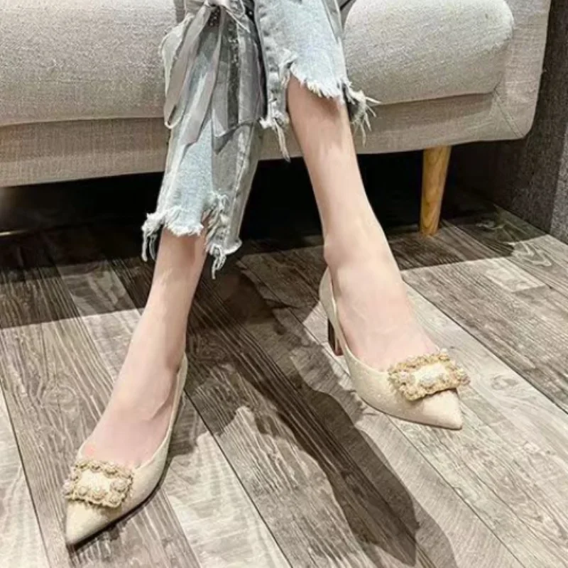 2024 Summer New Diamond Pearl Brand Designer Women's High Heels Outdoor Walking Shopping Women's Large Size Heeled Shoes 34-42