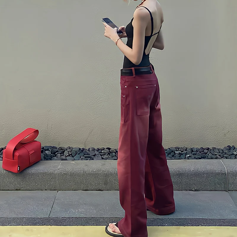 Boyfriend Style Streetwear Baggy Jeans Women Denim Trousers High Waist Y2k Vintage Washed Distressed Wide Leg Mopping Red Pants