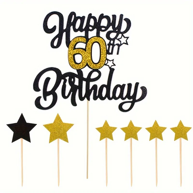 7pcs set Black Gold Glitter Adult Birthday Party Cake Topper 21 30 40 50 60 70 Years Old Birtday Cake Decoration Cake Supplies