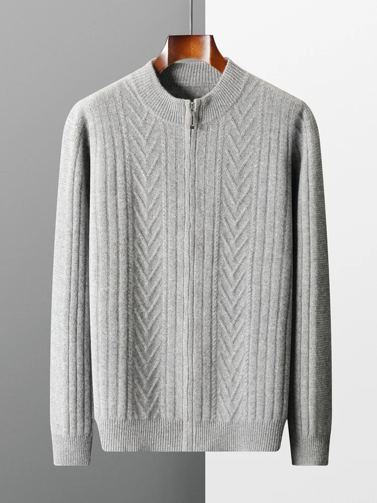

TLOML Men Autumn Winter Thick Zipper Cardigan Mock Neck Smart Casual Cashmere Sweater 100% Merino Wool Knitwear Cable Knit Tops