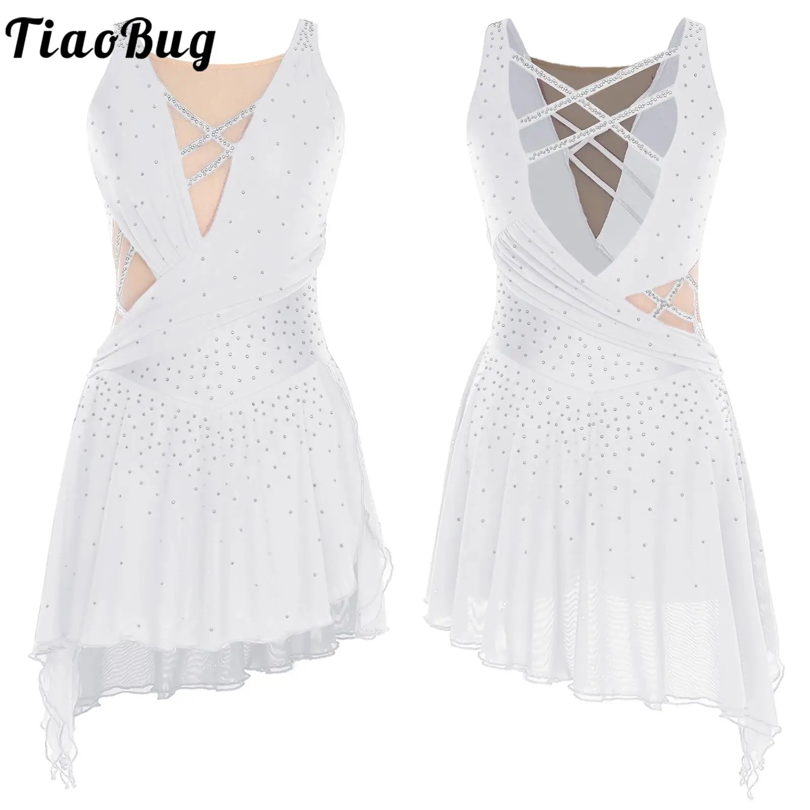 

Lyrical Dance Figure Skating Dress Performance Chiffon Sleeveless Side Slit Flowy Dress Leotards Costume for Women