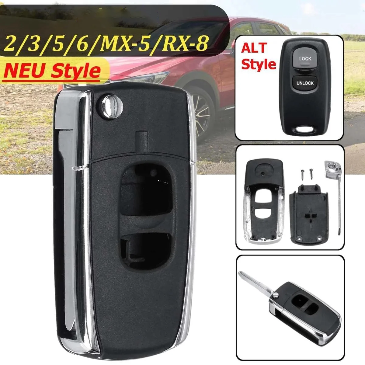 2 Buttons Remote Flip Folding Car Key Shell Case Uncut Blank Blade Replacement for Mazda 2 3 5 6 MX-5 RX-8