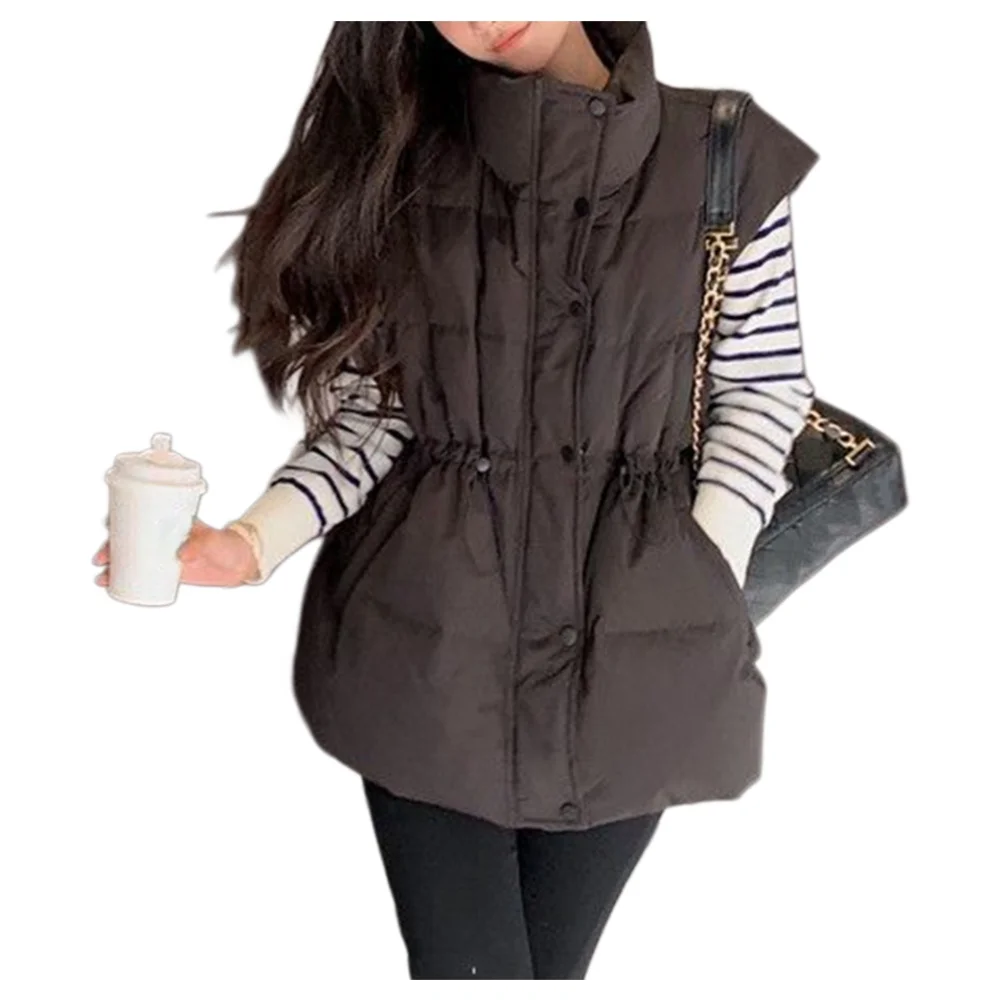 For Versatile Outerwear Gathered Waist Jacket Women Down Vest For Daily Commute S M Pure Color Sleeveless Coat