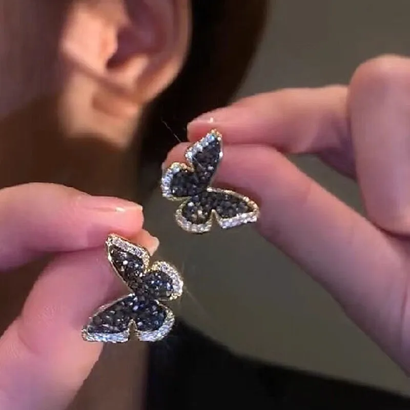 Inlaid Zircon Black Crystal Silver Colour Butterfly Earrings Women's Personality Fashion Earrings Wedding Jewelry Birthday Gifts