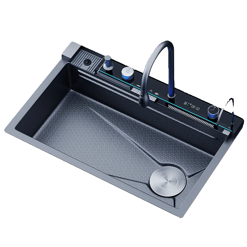 

Цифровой дисплей, мойка из нержавеющей стали 304, с водопадным изливом, большая одинарная чаша, многофункциональная бытовая утолщенная раковина для овощей