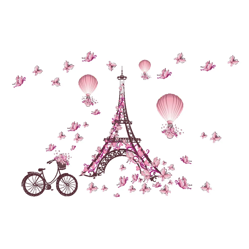 

Romantic Eiffel Tower Pink Balloon Decals DIY Mural Decor Removable Wall Stickers Background Home Decoration