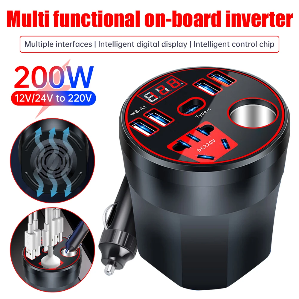 200W Car Power Inverter 12V/24V to 220V Converter with Digital Voltage Display 4 USB Type-C PD Car Fast Charger Adapter Socket