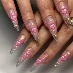24pcs 3D Pink Love Fake Nail Patch Long Pointed False Nail Full Cover Wearable Shiny Pink Fashion Press on Nails Tips for Women