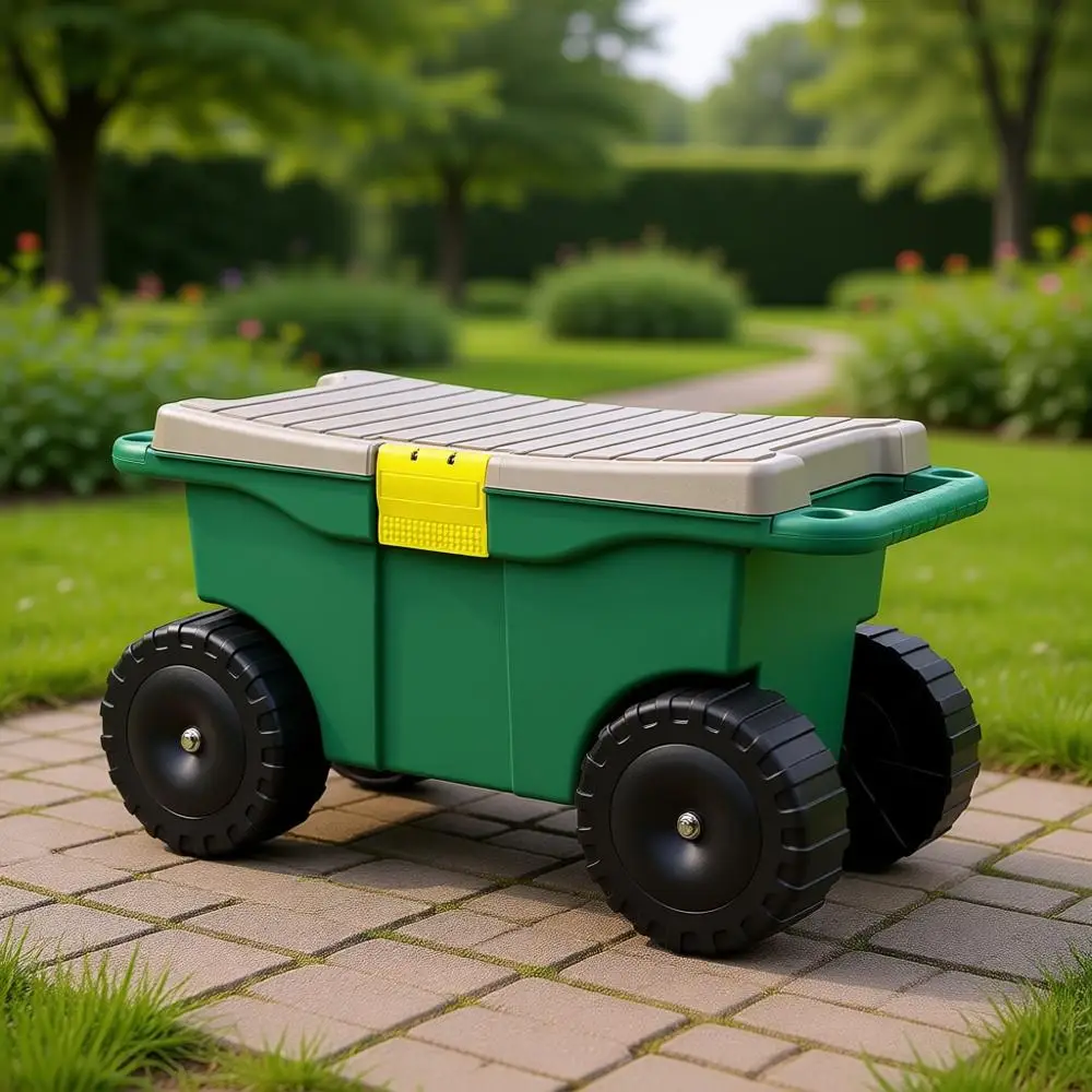 

Plastic Garden Cart with Seat, Storage, and Tool Tray - Portable Bench for Weeding, Planting, and Gardening (Green)