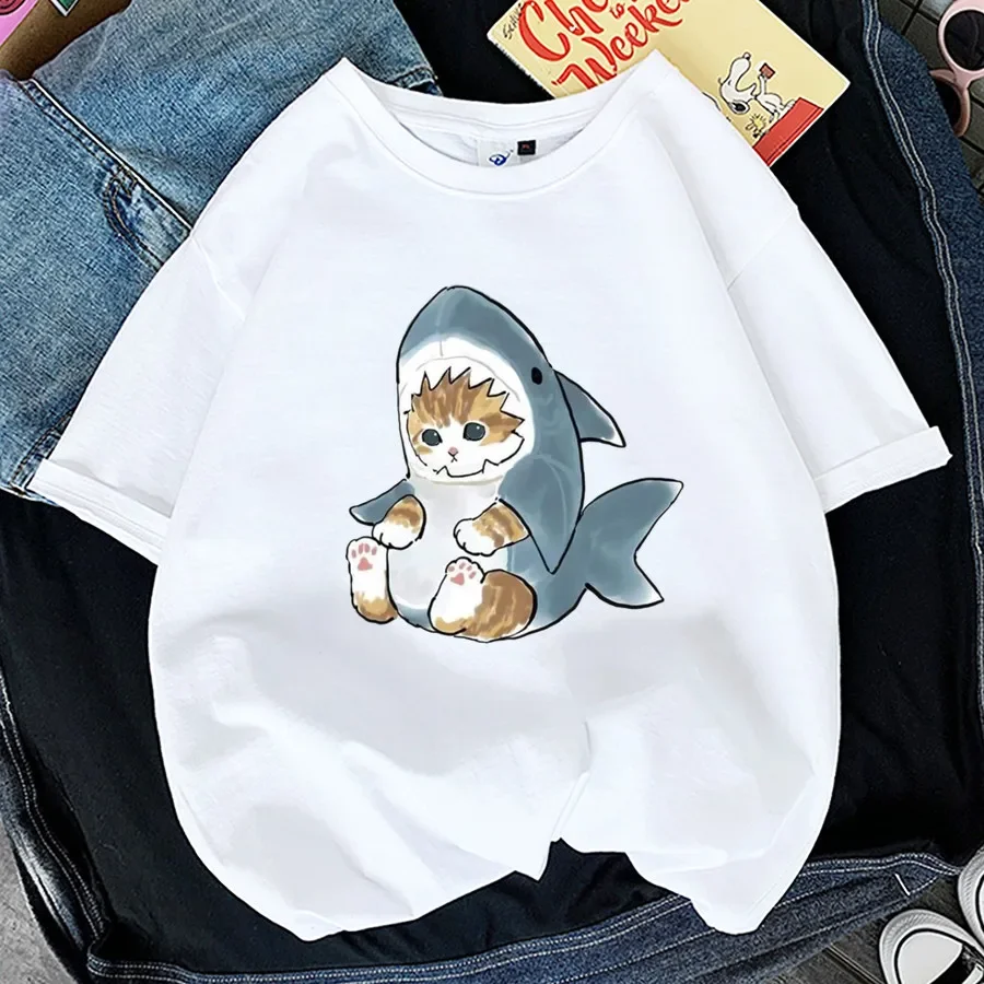 Kawaii Cat Shark Women Print Funny T-shirt Girl Animal Y2K Fashion 90S Print Tops Tee Gril Black White Clothes,Drop Ship