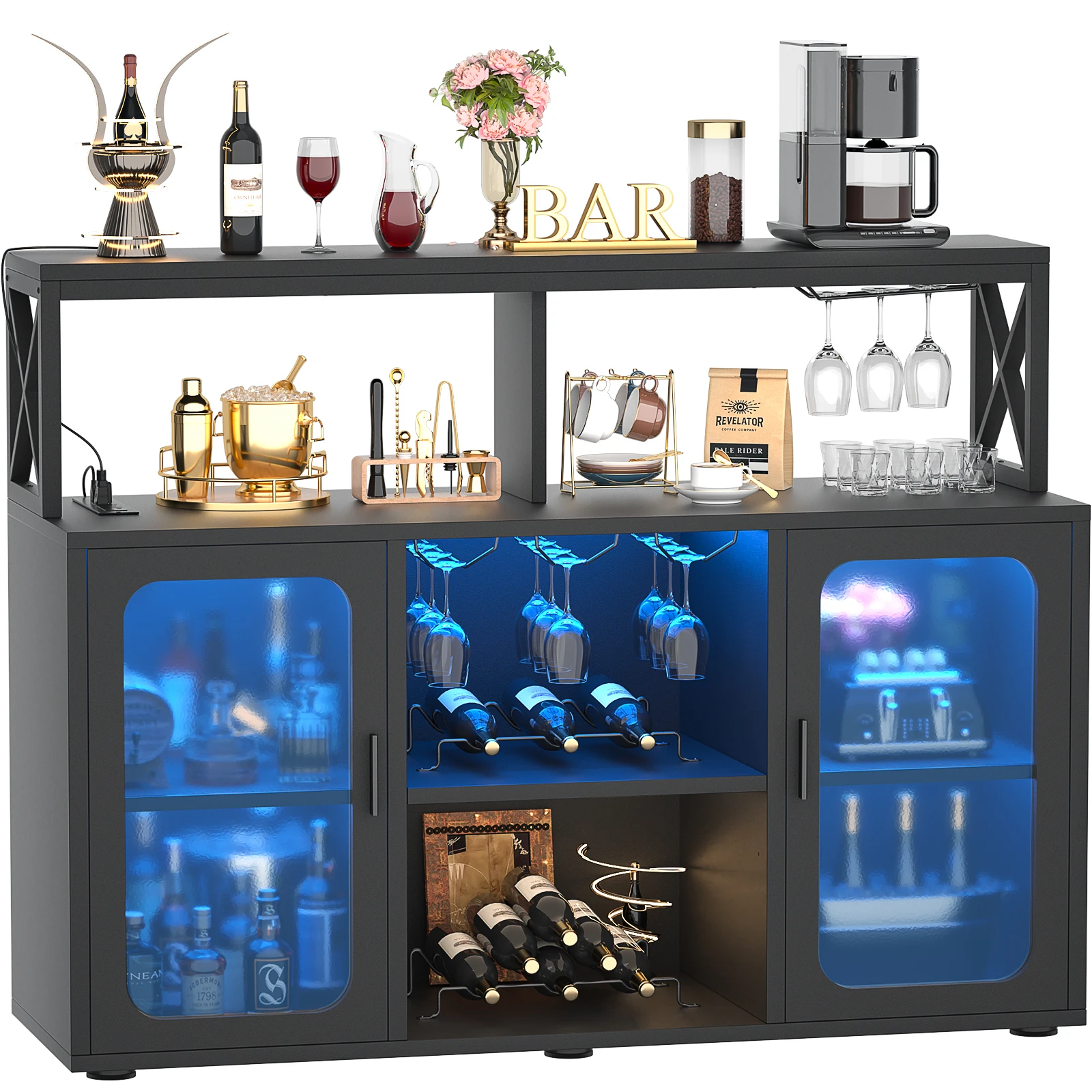 Aheaplus Black Bar Cabinet with Power Outlets LED Lights & Glass Holder - Storage Buffet Coffee Bar for Liquor Wine Racks for Home Kitchen