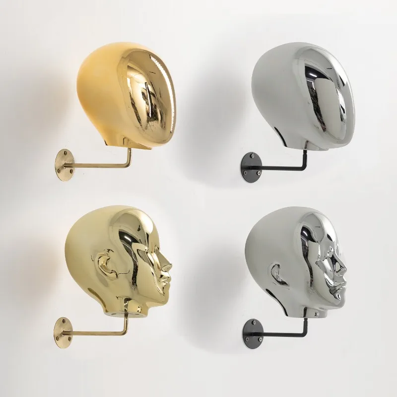Electroplated hanging hat head model display rack, headwear hat display props, hat storage, clothing store rack, wall mount