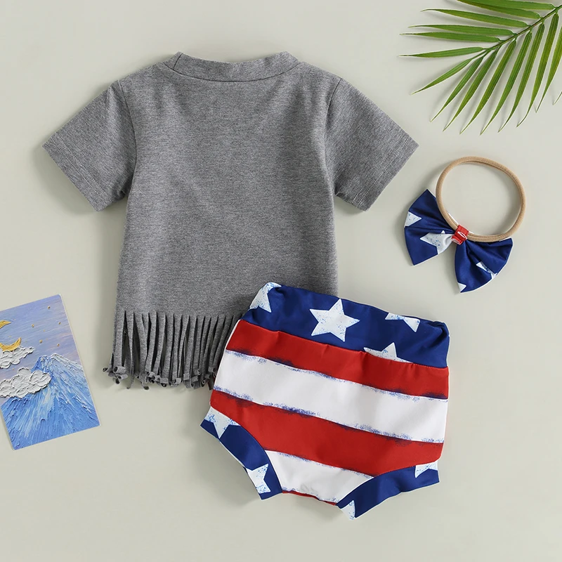 4th of July Infant Girls Outfit American Flag Print Tassel Hem Top Star Striped Shorts Headband 3 Piece Set