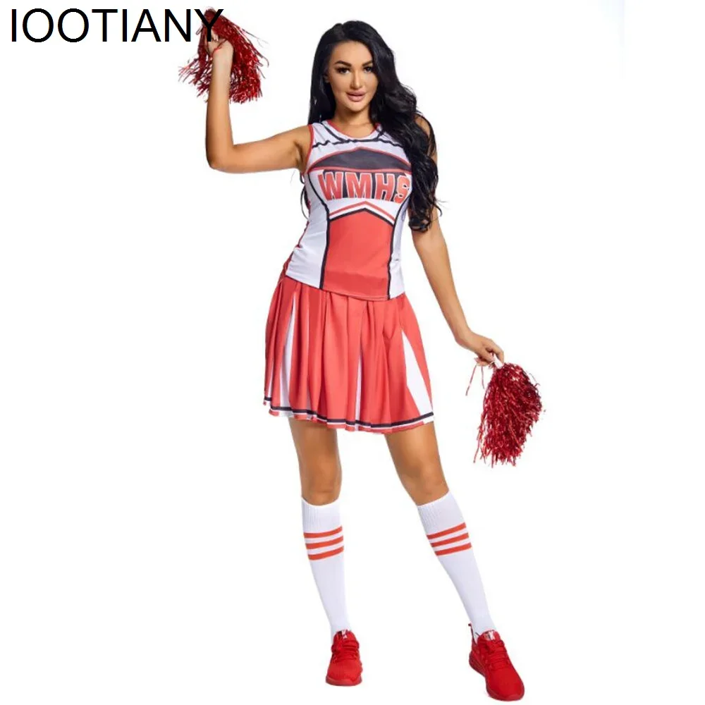 КосплейНовая женская школьная форма, сексуальная форма черлидинга, женский костюм черлидера, косплей, мини-плиссированная юбка + укороченный топ + помпоны + носок
