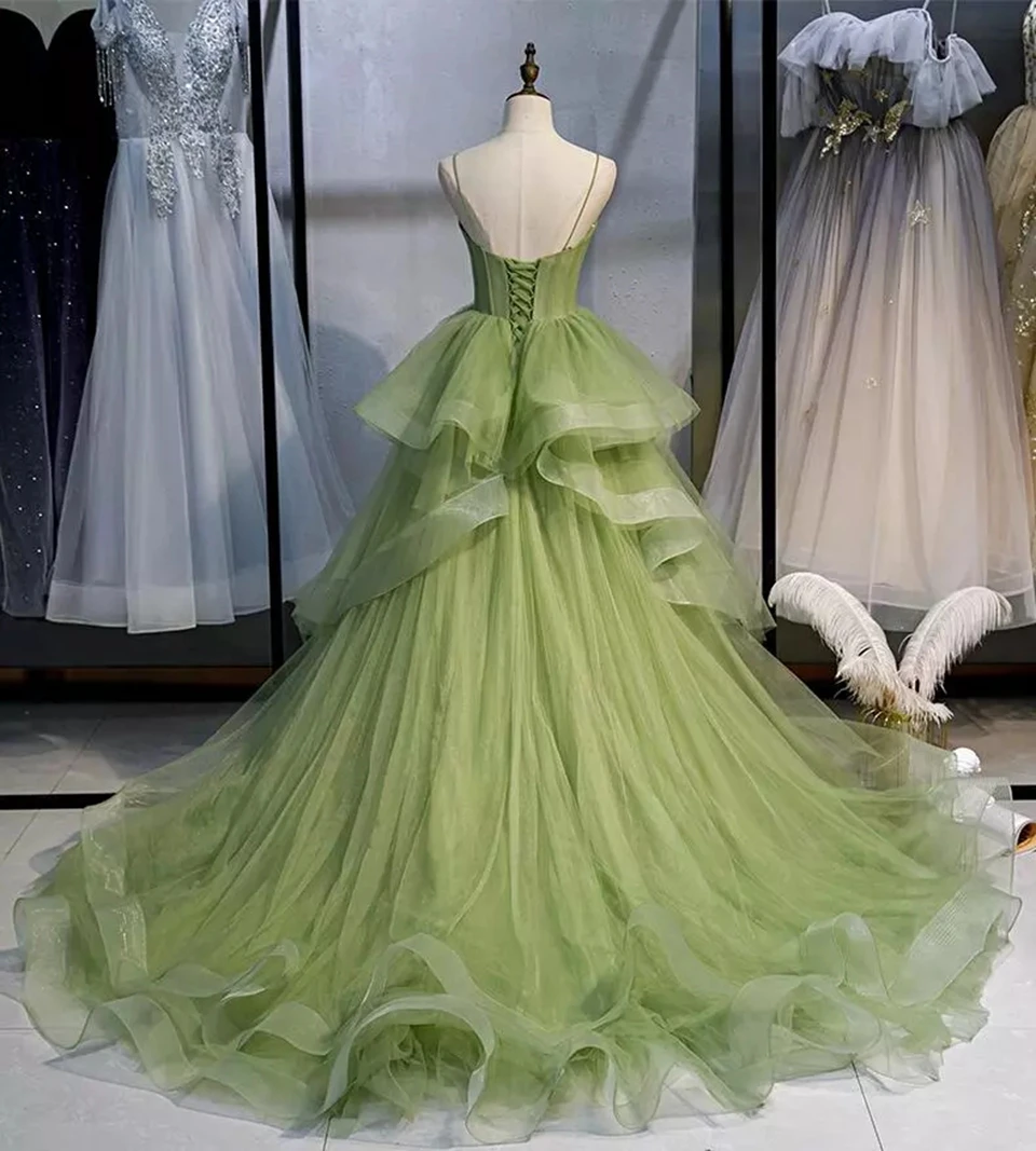 Robe De soirée trapèze longue pour femmes, tenue De bal, De Gala, en Tulle, à bretelles Spaghetti, verte, pour remise De diplôme, 2023