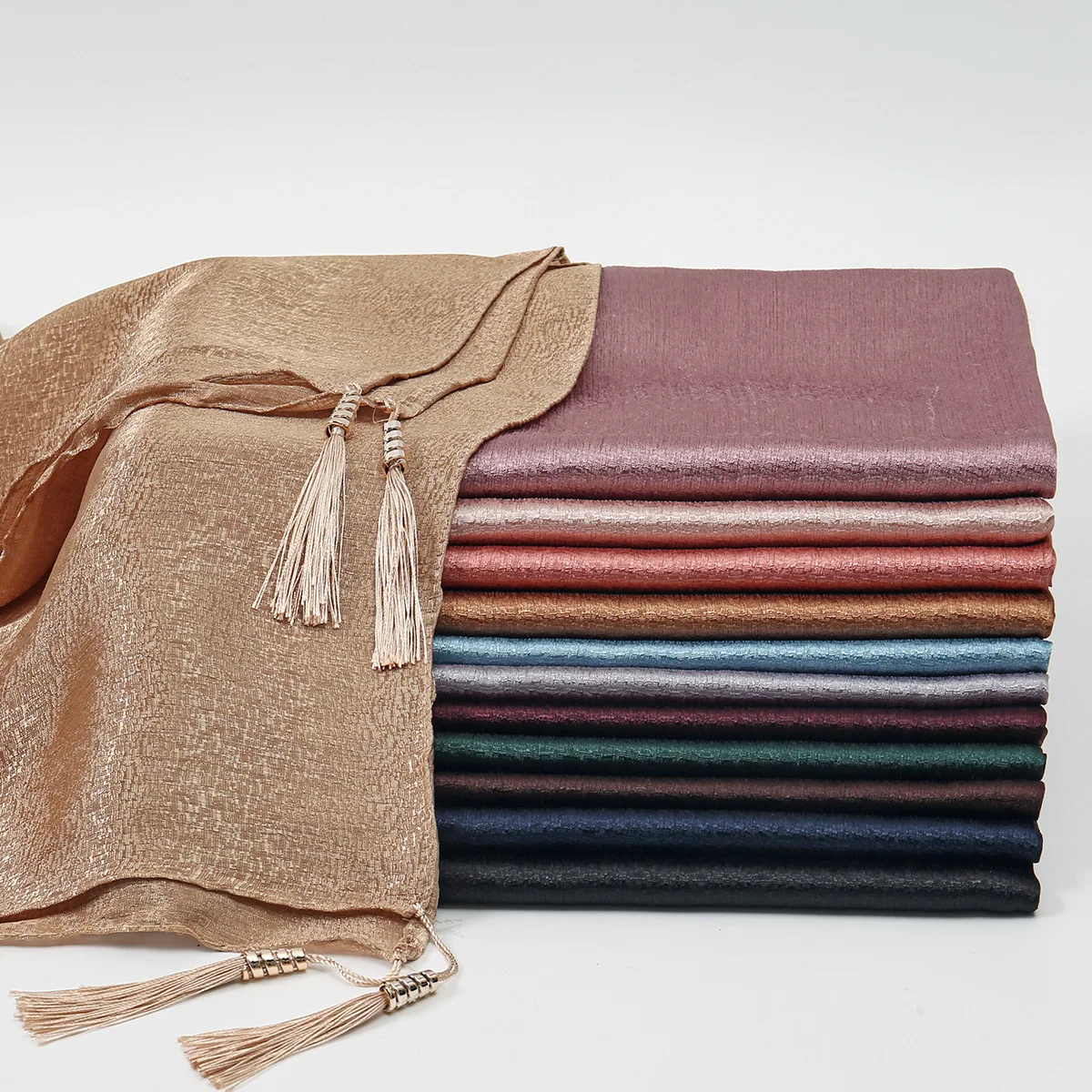 

Jersey Satin Fringed Hijab Scarf Long Muslim Shawl Breathable Headscarf Plain Soft Turban Head Wraps For Women Africa Headband