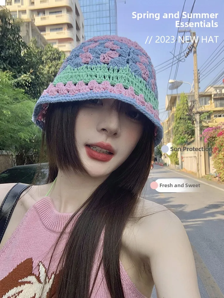 Sweet Hand-Knitted Fisherman Hat Women's Spring Summer Fashionable Face Slimming Bucket Hat Wide Brim round Top Cap for Youth