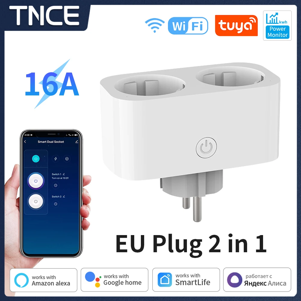 

TNCE tuya Wi-Fi Двойная вилка 16А eu 2 розетки в 1 Монитор мощности Smart life Дистанционное управление Таймер Голос с Google Home Alexa Alice
