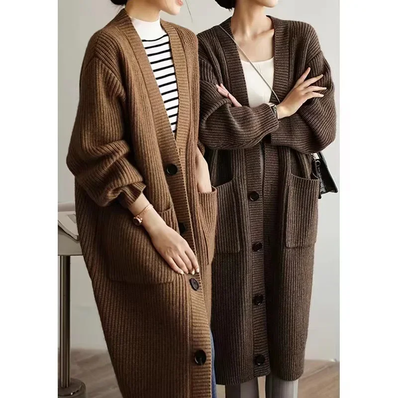 Japanese light luxury lazy style long knitted cardigan jacket women's clothing autumn and winter retro loose thickened sweater