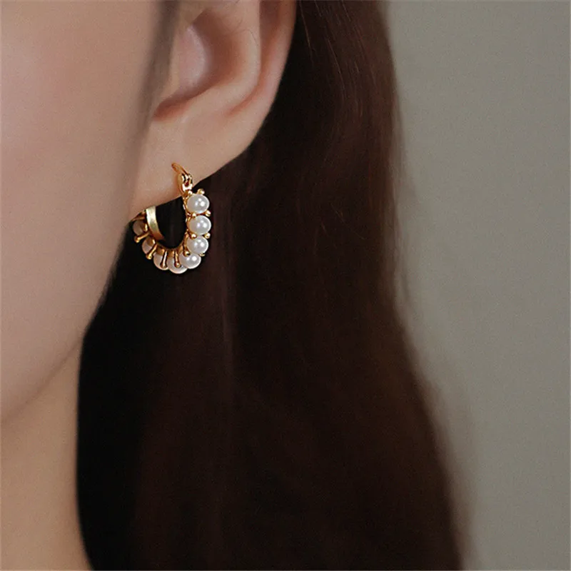 XIALUOKE Korea Fashion Geometric Metal Round Pearl Earrings For Women Elegant Delicate Wedding Party Jewelry Gifts