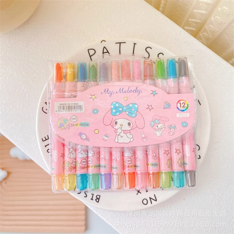 12Pcs Sanrio Graffiti Pen Kuromi My Melody Cinnamonroll Rotate Scalable Color Crayon Cartoon Doodle Pen Drawing Kid Marker Pens