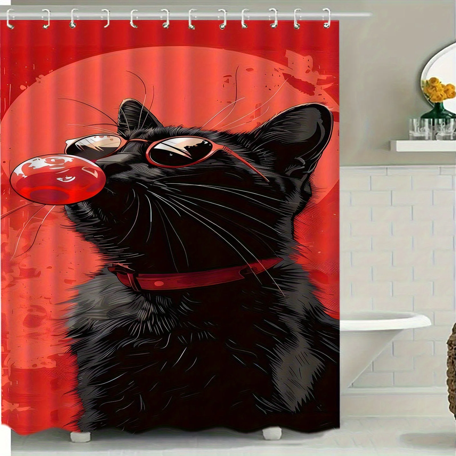 

cool black cat with red sunglasses blowing bubble shower curtain pop art style bold red background bathroom decor with hooks