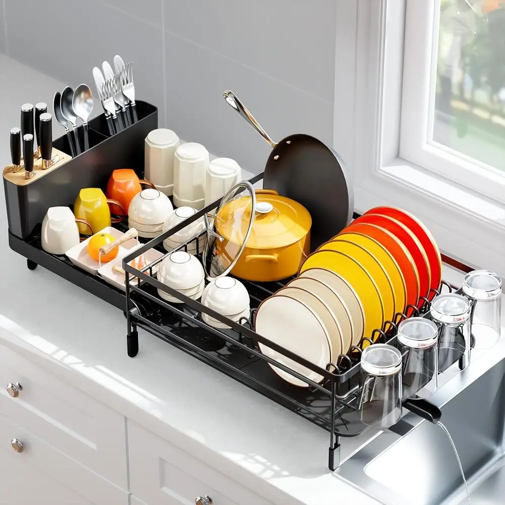 

Large Dish Drying Rack, Expandable Dish Racks or Kitchen Counter, Multiunctional Dish Drainer with Utensil Holder & Cup Holder,