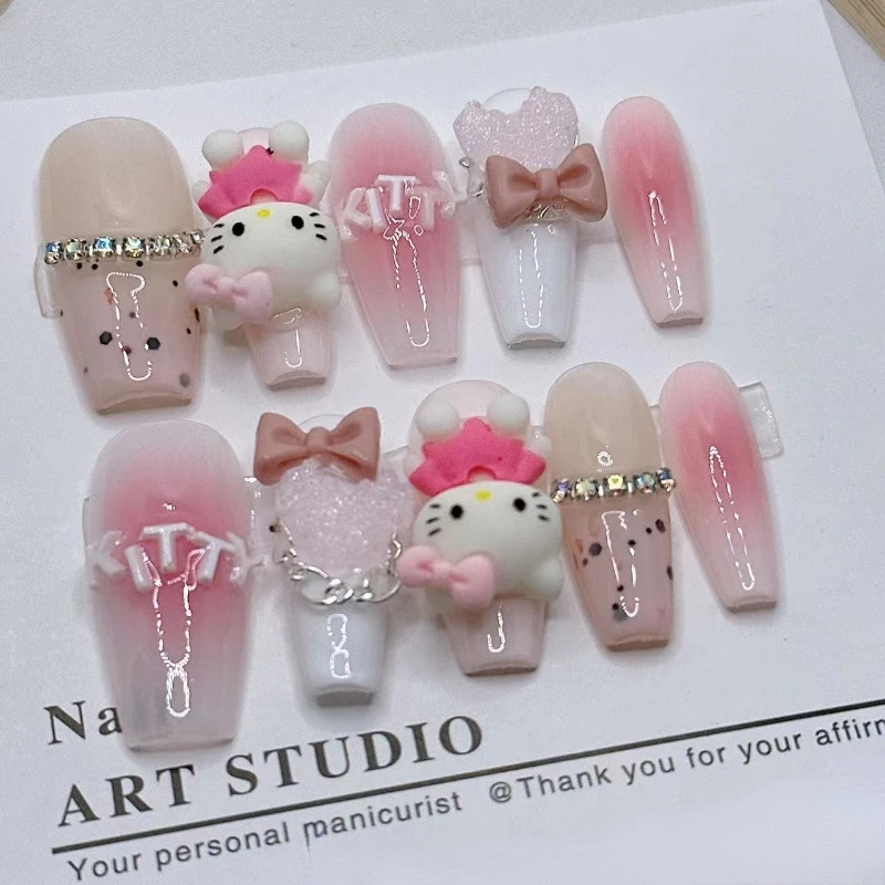 Pink Handmade Imprensa nas unhas, Hellokitty Charme, arco amor decorado, remendo prego falso, unhas acabadas, Dicas Manicure Art, 10pcs