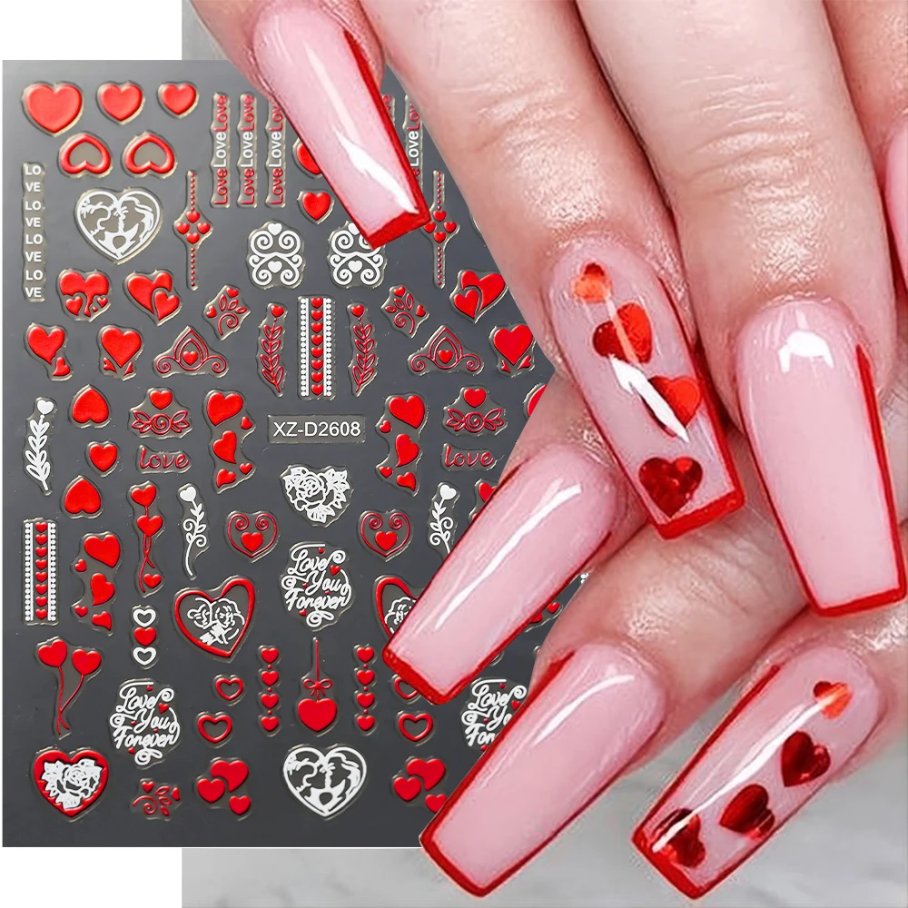 3D Valentines Day Red Heart Nails Art Stickers Angel /Red Lips /Rose Flower Nail Decals Self-Adhesive Nail Accessories XZ-D2608