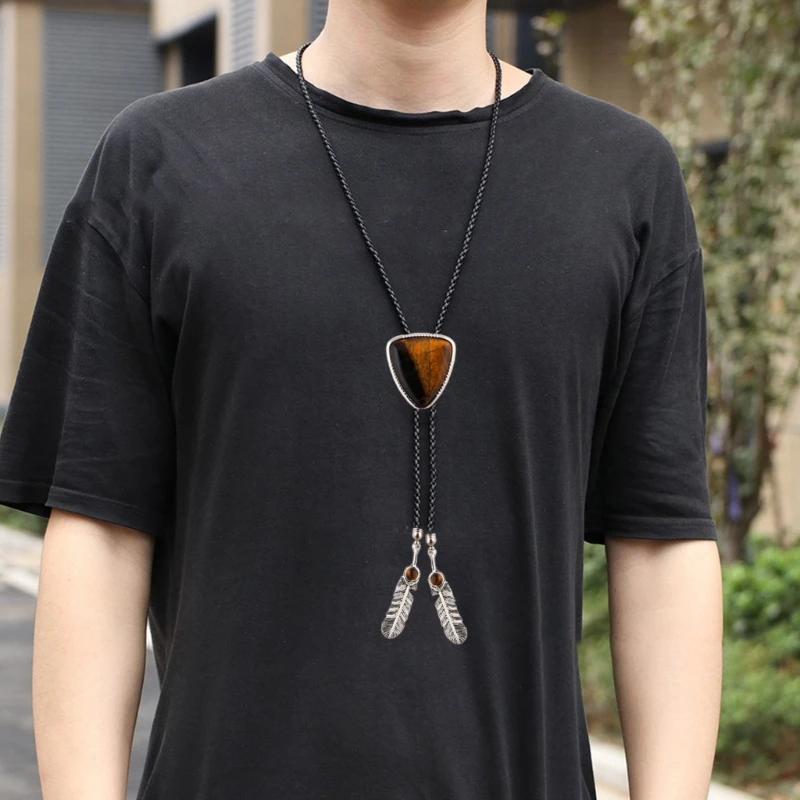 Bolo Tie for Women Men Western Cowboy Bolo Tie Vintage Triangular Stone Leather Rope Necktie Feathered Necklace