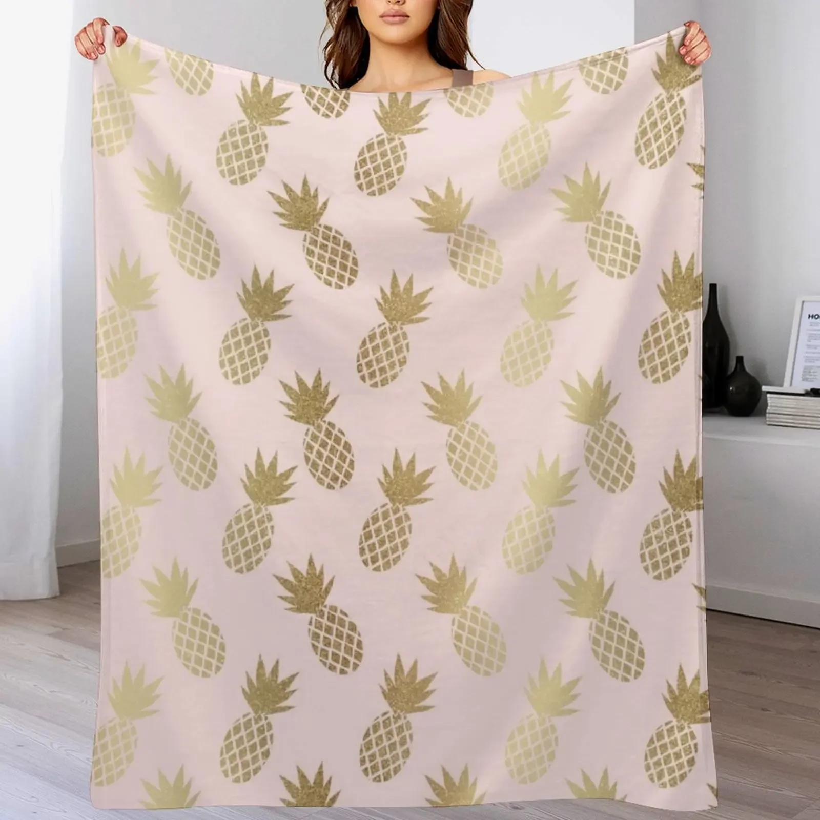 Pink & Gold Pineapples Pattern Throw Blanket Multi Use Warm Blanket for Living Room Bedroom
