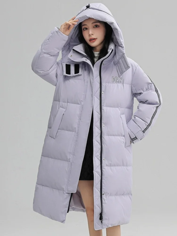 Long Hooded Parka Line Patchwork Down Jacket for Women, Letter Prints Jackets, Warm Loose Coats, Female Fashion, Winter