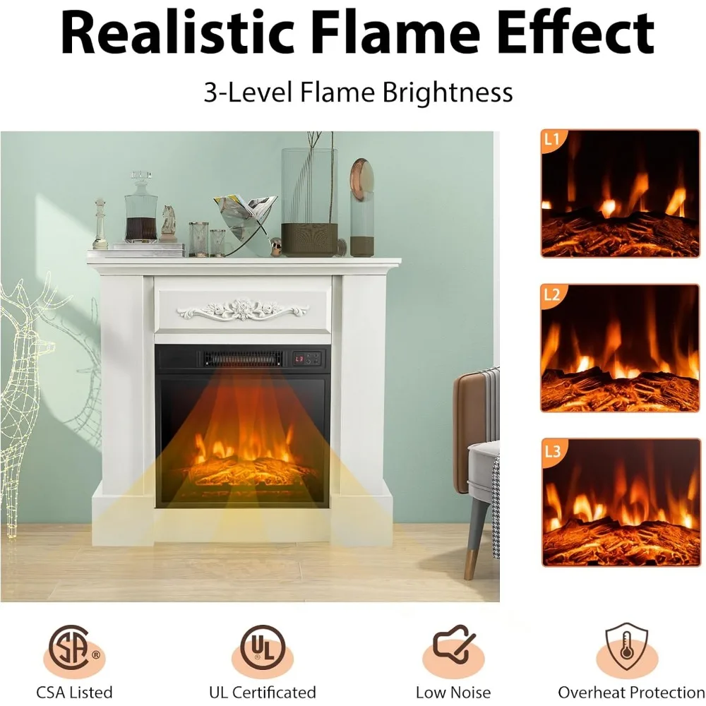 Calentador de chimenea eléctrico independiente de 32 pulgadas con repisa, 1400W, control remoto, termostato, temporizador de 6H