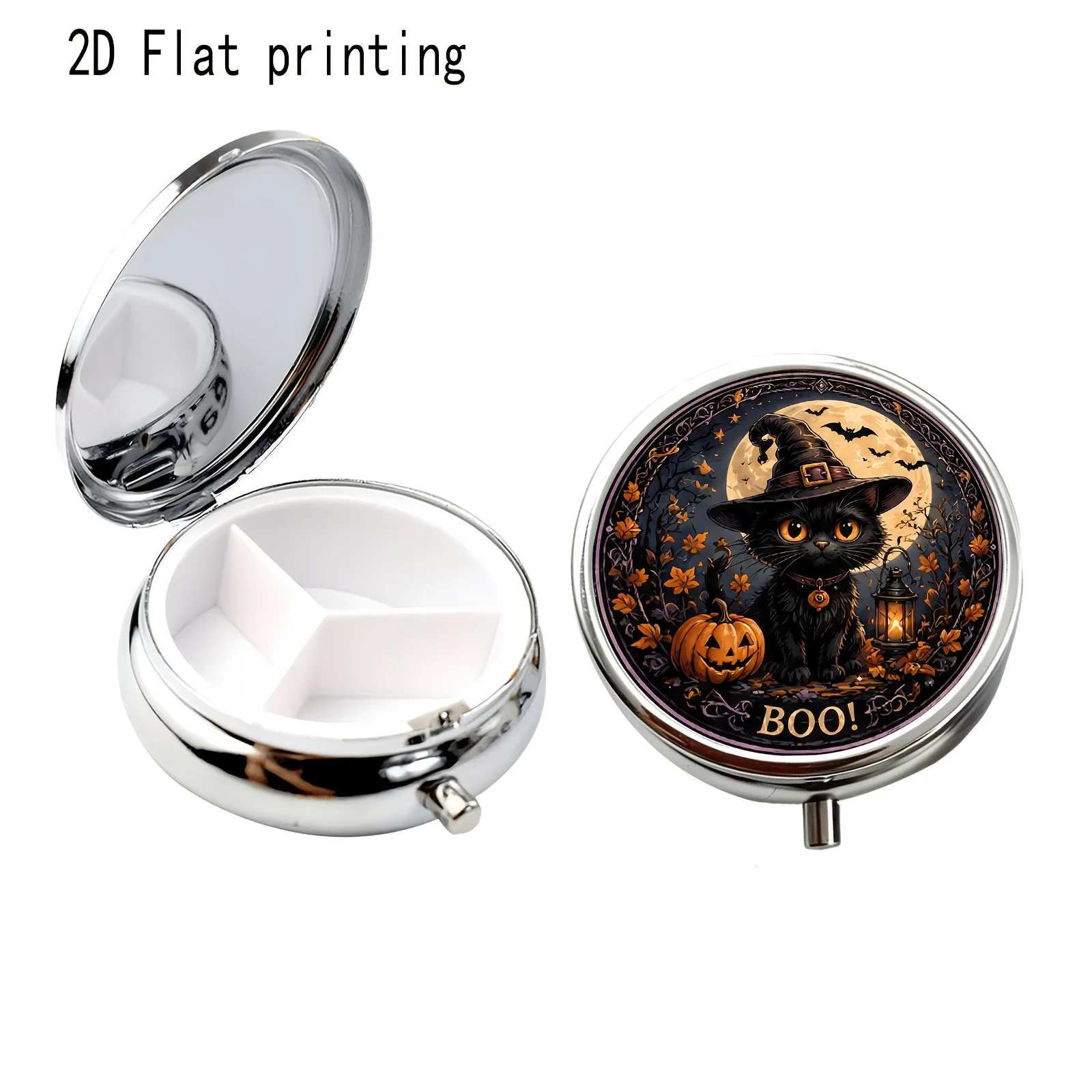 1Pc Flat Printing Pill Box, Jack-O'-Lantern Spooky Smiley Face Design, Halloween Horror Style Portable Metal Material, Lightweight, Convenient, Exquisite, Practical Gift Suitable for Various Occasions, Compartmentalized Storage for Small Items, Portable Safety Box, Universal Personal Medication Dispenser Box