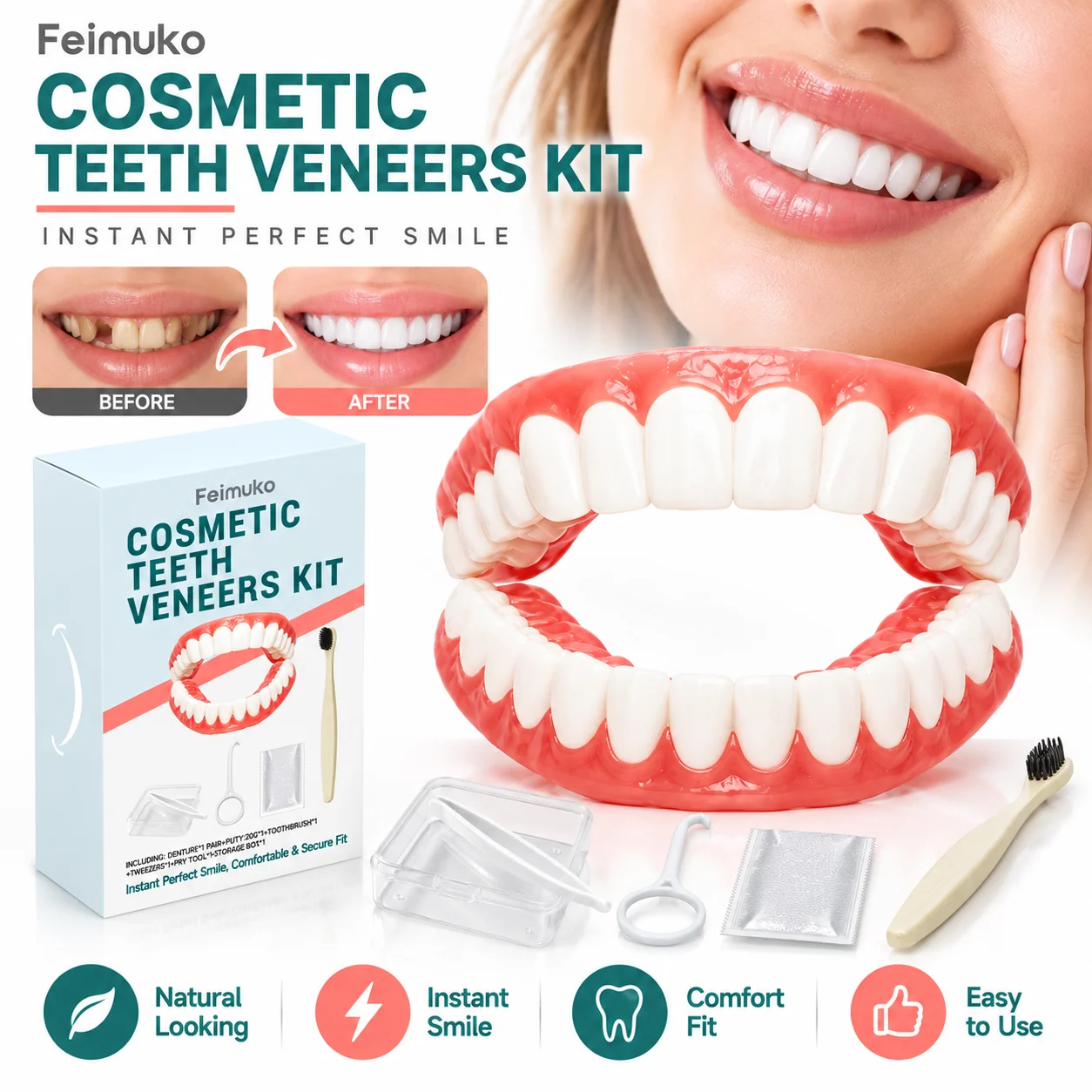 Cosmetic Teeth Veneers Kit, Adjustable False Teeth for Fitting, Natural Looking Dentures for Adults with Accessories