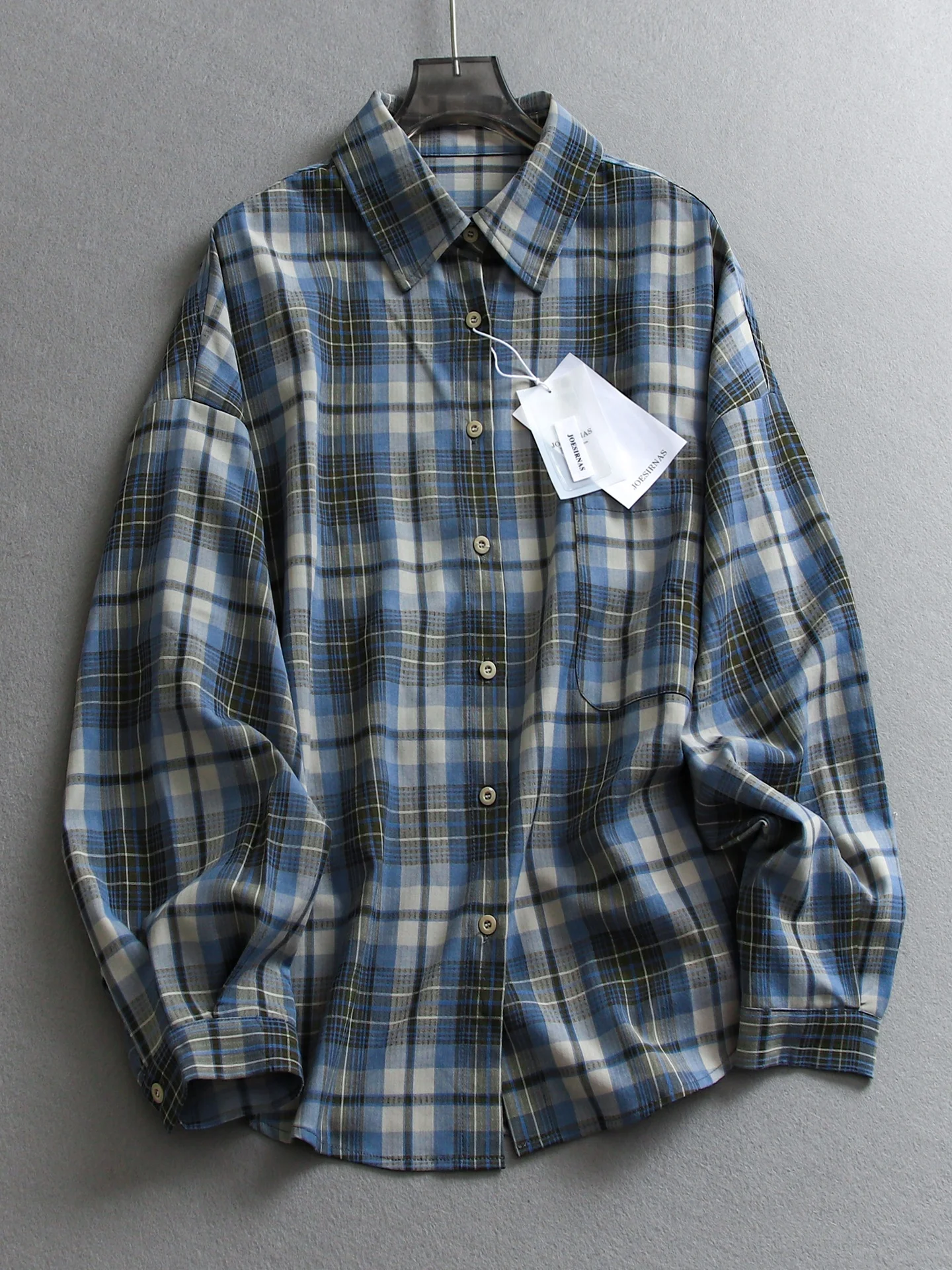 

Blue Plaid Loose Fit Lazy Collar Long Sleeve Summer New Lightweight Women's Shirt Cardigan Style Polyester Blend Regular Length