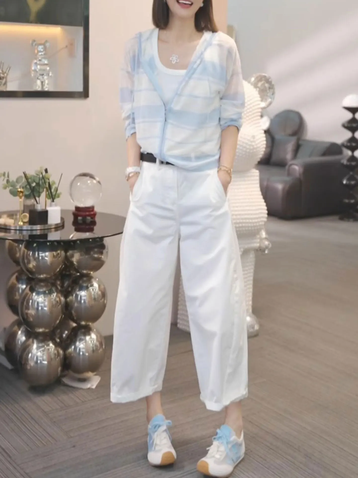 Корейский вязаный открытый кардиган в полоску с капюшоном, летний элитный свободный женский топ на молнии с защитой от солнца, моющийся O...