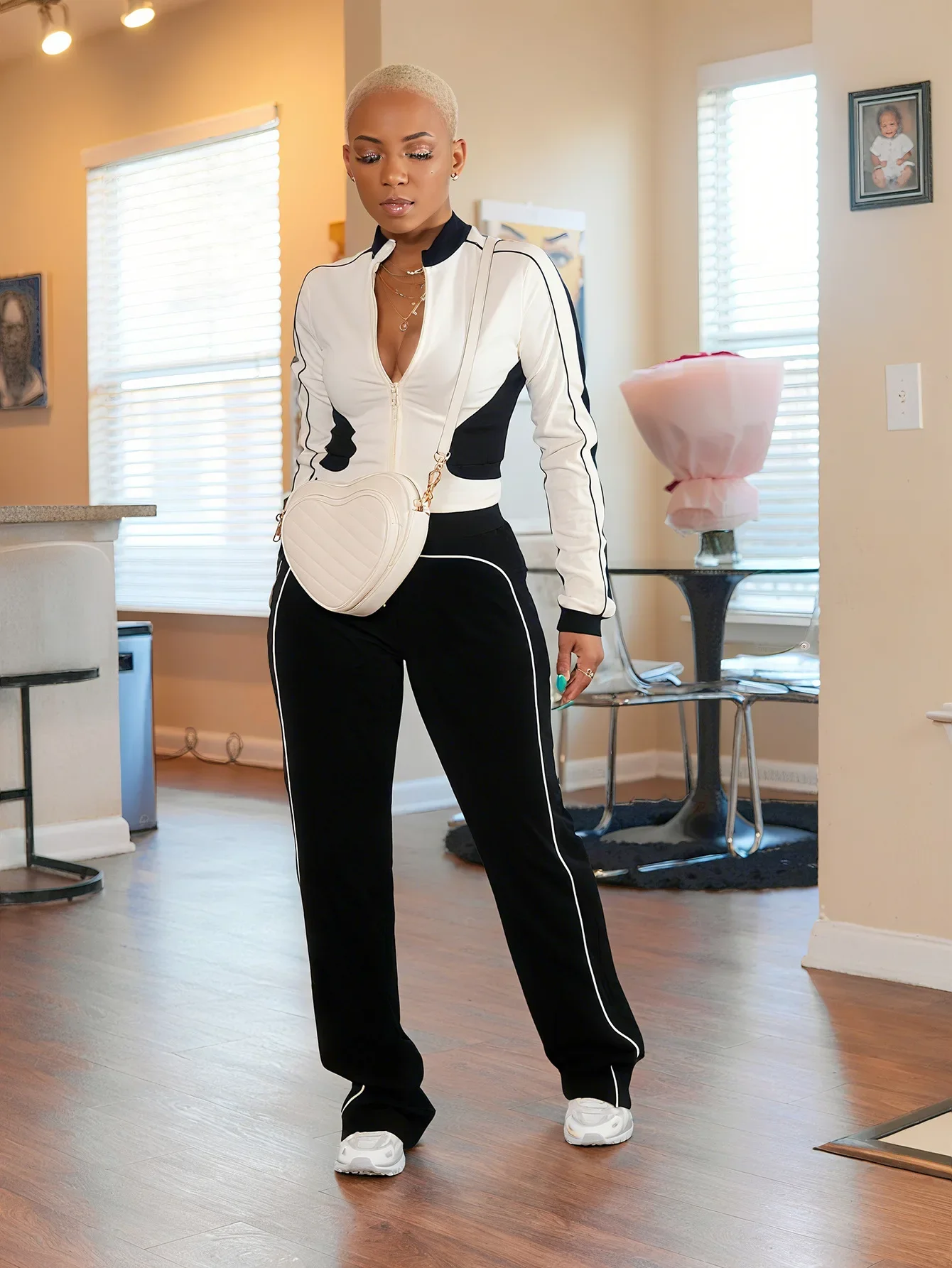 

Autumn New Fashion Two Piece Outfits Woman Color Block Long Sleeves Zipper Patchwork Crop Top + Pants Female Streetwear