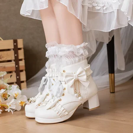 Sweet Bowtie Ruffled Lace-up Chunky Heels Women\'s Ankle Boots Lolita Girls Shoes JK-Uniform Japanese Ladies Party Wedding Pumps