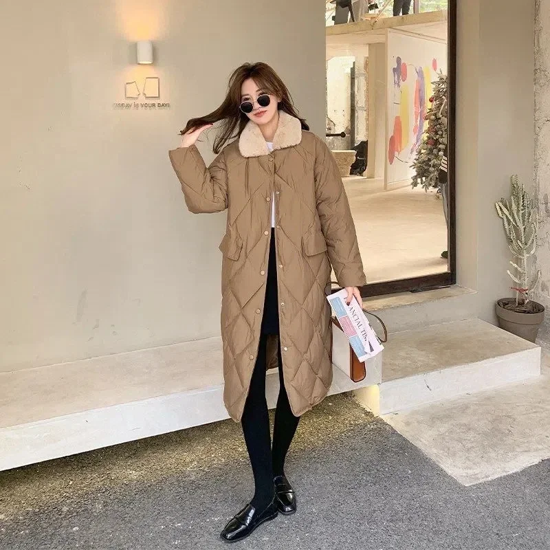 Pop Long Winter Thickened Down Cotton Coat 2025 New Women's Korean Quited Cotton Coat Lamb Wool Collar Parka Female Down Cotton