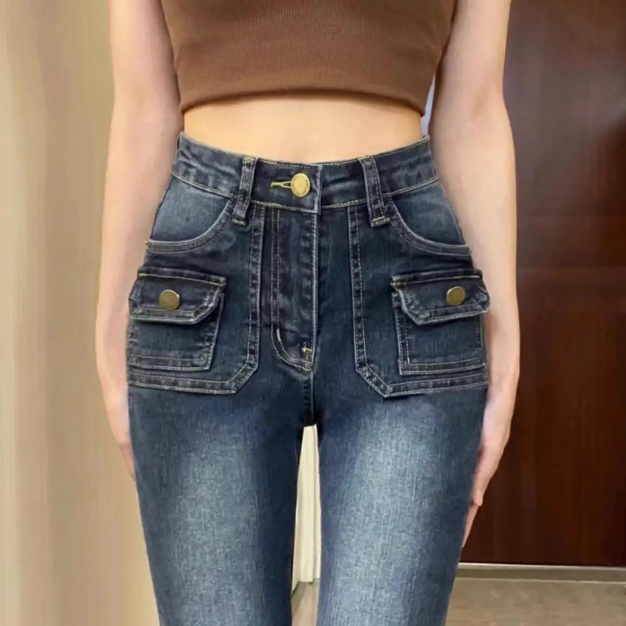 High Waist Bell Bottom Denim Jeans Women's Spring 2025 New Style Slimming Long Leggings Cotton Stretch Blue Jeans