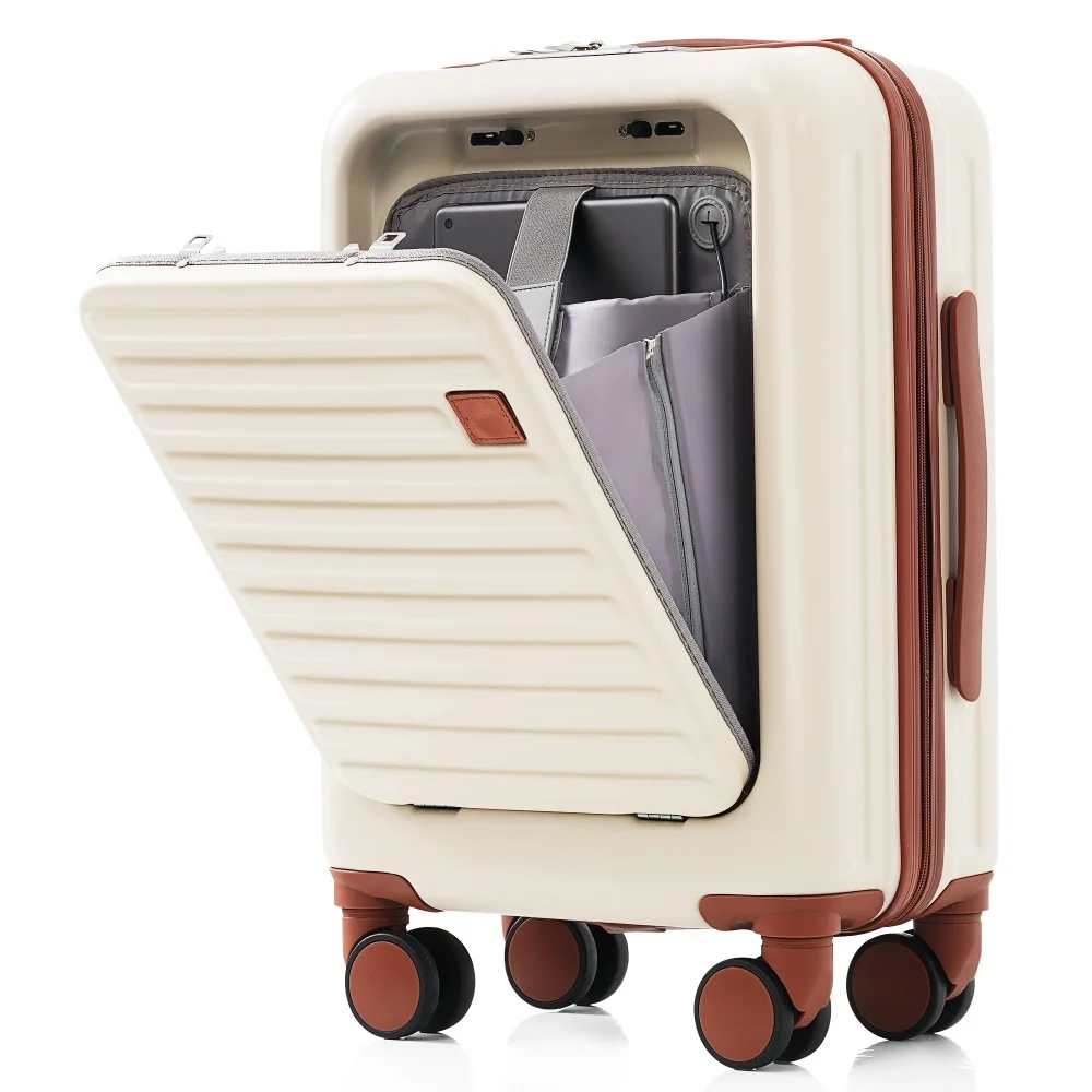 

3Pcs ABS Hard Shell Travel Luggage Set 20/24/28in USB Port Front Opening Cup Holder Ivory Brown Carry On Luggage